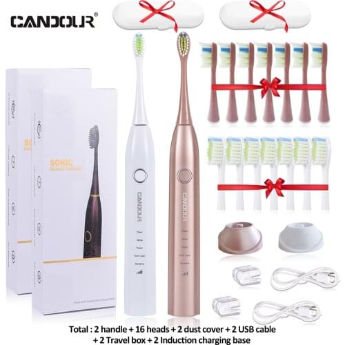 CANDOUR CD-5168 Electric Toothbrush Rechargeable Sonic Toothbrush IPX8 Waterproof 15 Mode USB Charger Replacement Heads Set