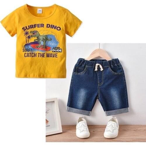 Yocute Kids Clothes Boys Summer New Cartoon Dinosaur Yellow Short Sleeve T-shirt Denim Shorts Casual Suit Cotton Fashion Outfits