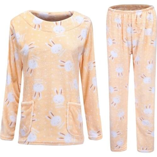 H5983 Pajamas Set Womens Thickened Flannel Long Sleeve Autumn Winter Sleepwear Coral Velvet Suit Cute Cartoon Household Clothes