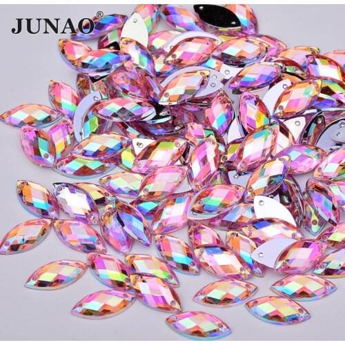 JUNAO 7*15mm Sew On Pink AB Horse Eye Rhinestones Sewing Acrylic Crystal Stones Flat Back Strass Appliques for Clothes Crafts
