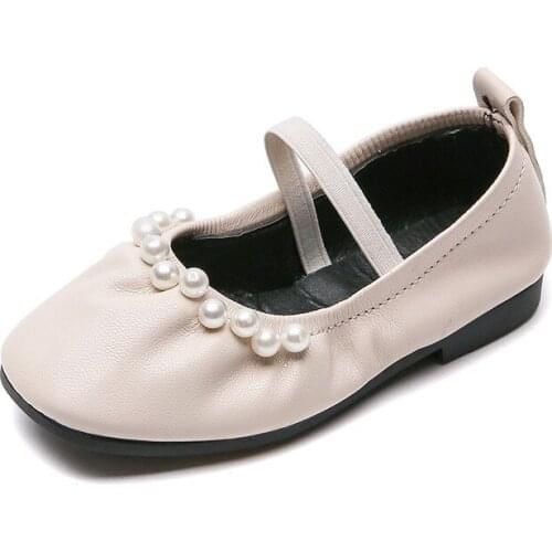 Girls' Leather Shoes Pearl Square Shoes Student Childrens Shoes 2021 Autumn New Sweet Casual Flats for Wedding Chic All-match