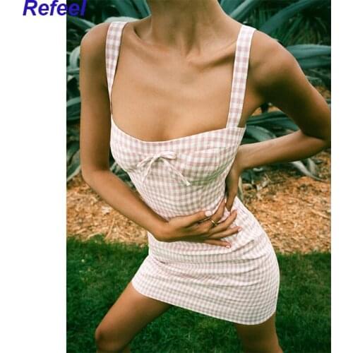 Summer new French A-line cotton mini dress retro plaid stitching strap sleeveless pink plaid bow sexy strapless short dress