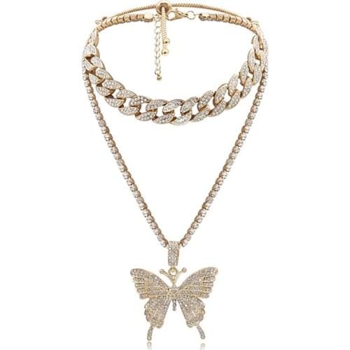 Fashion Women Butterfly Pendant Necklace Charm Bling Gold Color Double Layer Butterfly Choker Jewelry Necklaces for Women