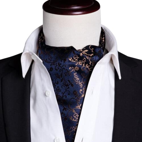 2019 Mens Ascot Set Blue Cravat Gold Floral Silk Necktie Fashion Designer Tie Handkerchief Pocket Square Set for Male Barry.Wang