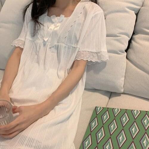 Womens Nightgown Night Dress Woman Sleepwear Plus Size Lingere Princess Dress with Lace Bow Solid Summer Dresses Night Wear