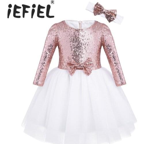 Newest Girls Mesh Sequined Long Sleeves Flower Girl Dress Princess Wedding Bridesmaid Birthday Party Tulle Dress with Headband