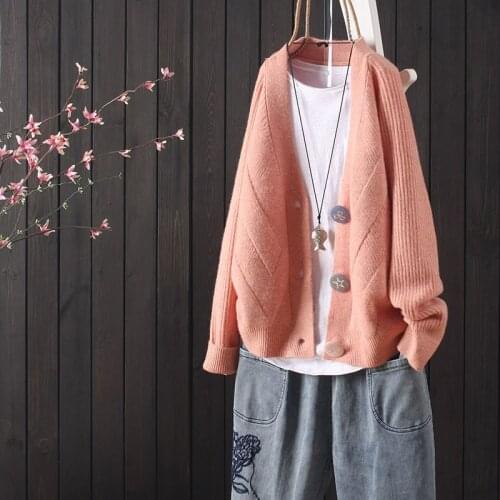 Autumn and winter loose casual solid color long-sleeved all-match buttoned knitted cardigan womens retro art outer wear sweater