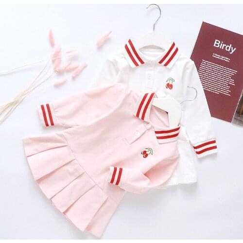 2020 New Style Baby Girl Polo Collar Pleated Princess Dress Pretty Style Cherry Pattern