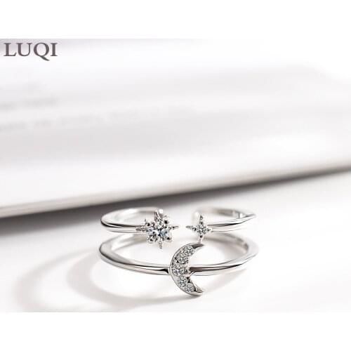 S925 silver-plated platinum fashion exquisite double star and moon zircon open ring for girlfriend and girlfriend YMD