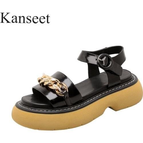 Kanseet Flats Sandals Women 2021 New Summer Fashion Chain Pearl Decoration Platform Open-Toed Buckle Genuine Leather Women Shoes