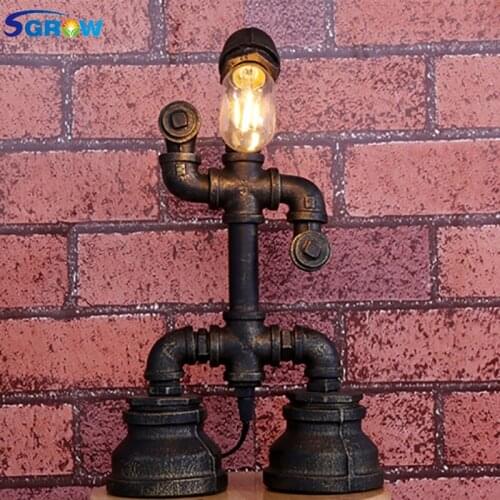 SGROW Creative Design Robot Table Lamp Loft Iron Pipe Lamp Vintage Industrial Desk Lamp for Bar Bedroom Beside Light Edison Bulb