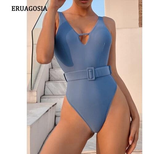 Blue Swimwear Women 2021 One Piece Swimsuit Push Up Monokini Sexy Cut-Out Bathing Suit Backless Bodysuits Belted Beach Wear