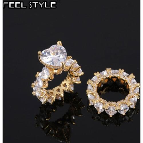 Hip Hop 2pcs Kit Full Heart Micro Paved Iced Out Bling Full CZ Stone Copper Cubic Zircon Ring For Couples Jewelry Size 8-11