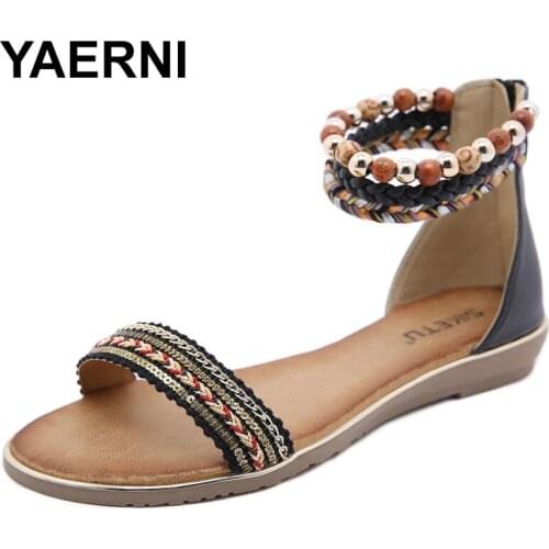 YAERNI New Summer Womens Shoes Bohemia Beaded Retro Nationality Flat Elastic Band Large Size 40 41 42 Casual Womens Sandals