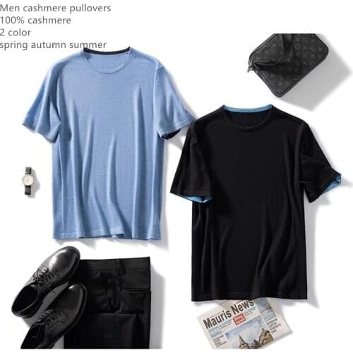 Naizaiga 100% cashmere solid O-neck summer thin pure cashmere blue pullovers short sleeve spring autumn men sweater , NSBL2