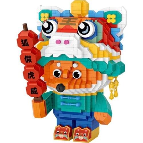 1120PCS+ LOZ Fox Cos Dancing Lion Micro Building Blocks Chinese Style Cartoon Assembly Model Bricks Figures Toys For Children