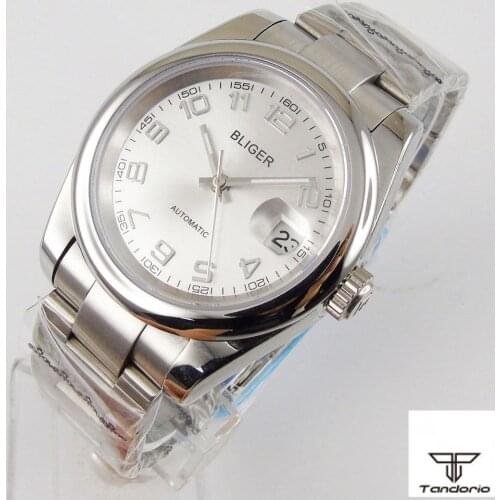 36mm Bliger Brand white Dial Sapphire Glass Polished Case Automatic Movement Mens Watch Bracelet Luminous hands