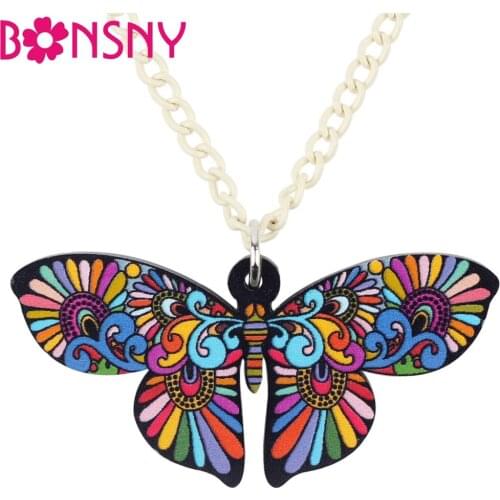 Bonsny Acrylic Floral Butterfly Insect Necklace Pendant Chain Collar Fashion Jewelry Charms For Women Girls Ladies Teens Gift