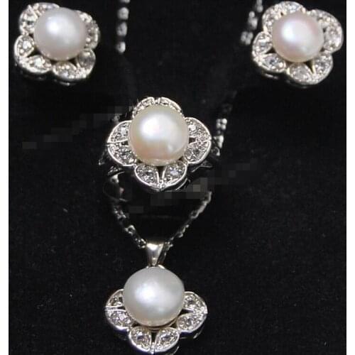 >>>>> white Akoya Cultured Pearl Earrings/Ring/ Necklace Pendant Set AAA