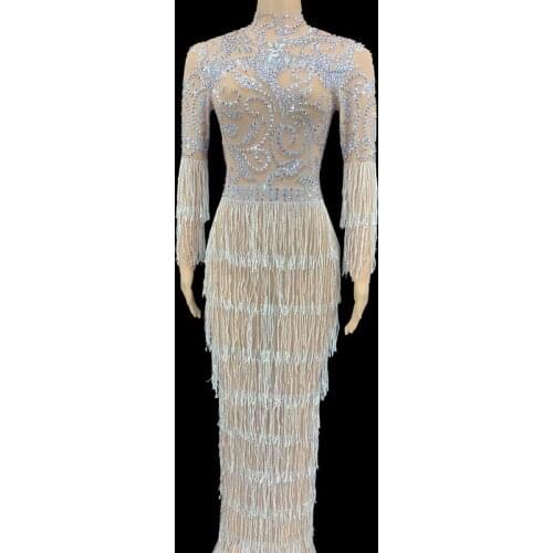 Sparkly Silver Rhinestone Chains Transparent Long Dress Women Birthday Celebrate Sexy Tassels Dress Evening Prom Party Outfit