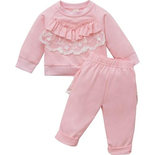 Newborn Little Girls Spring Autumn Leisure Wear Toddlers Sweet Style Lace Trim Splicing Round Collar Long Sleeve Tops+Long Pants