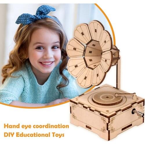 1 Set Wooden Puzzle Kids Children Gifts Creative Classic Home Decor DIY Wood Phonograph Gramophone Music Box