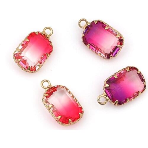 DoreenBeads Copper & Glass Charms Rectangle Gold Setting Pink Colorful Faceted Romantic Charms 19mm( 6/8") x 11mm( 3/8"), 3 PCs