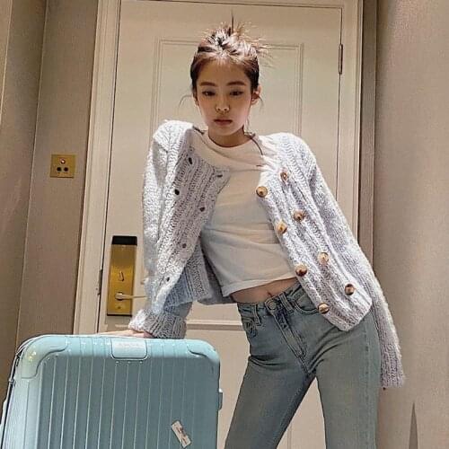 Ginny Jennie Same light blue Collar Double-breasted Small Fragrant Wind Knitted Cardigan jacket