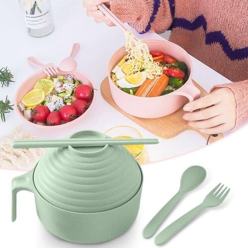 Eco-Friendly Wheat Straw Instant Noodles Bowl with Lid Handle Dinnerware Set Soup Salad Rice Bowl Microwaveable Kitchen Tools