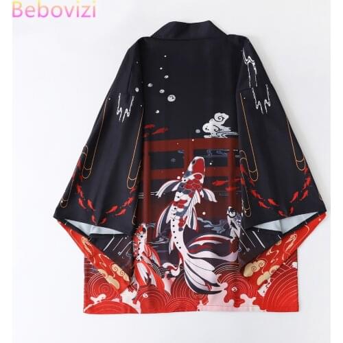 2021 New Summer Carp Printing Loose Japanese Streetwear Cardigan Women Men Harajuku Haori Kimono Cosplay Blouse Top Yukata