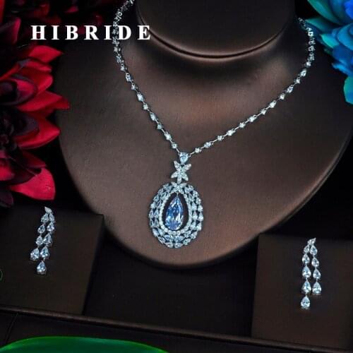 HIBRIDE Newest Design Clear And Green Water Drop Cubic Zirconia Earring Set Full Jewelry Sets Women Dress Accessories N-341
