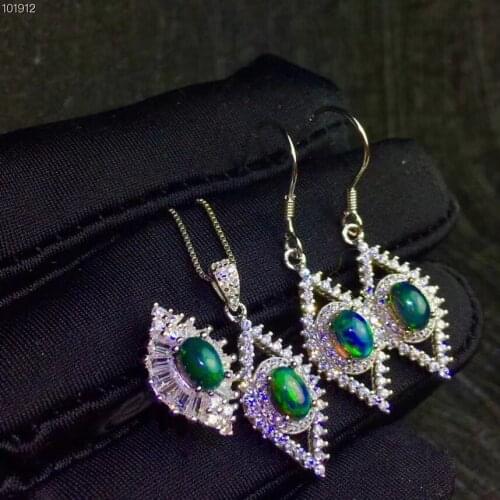 Natural Black Opal Suit, Ring Necklace Ear Nails, Beautiful Fire, Wonderful Starlight Patterns, 925 Silver