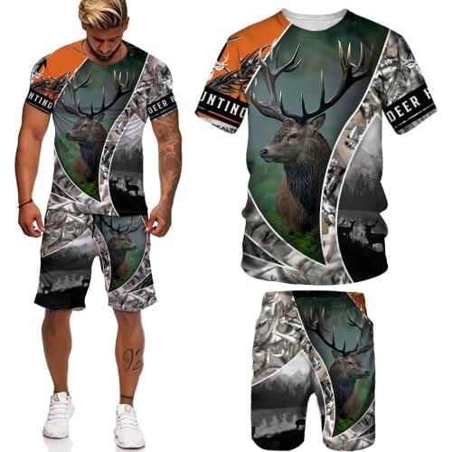 Summer 3d Printed Suit Beach Pants Polyester Round Neck Running Sportswear Mens Brand T-shirt 2-piece Set Of Animal Patterns