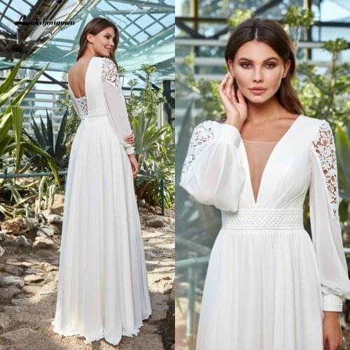 Lakshmigown Plus Size Boho Wedding Dress Puffy Long Sleeve Sexy Bridal A Line Wedding Dresses Lace Up Robe 2021 Floor Length