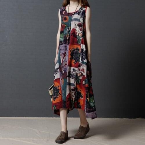 Summer Womens Printed Dress Vintage Sundress Sleeveless Lrregular Linen Dresses Female New Fashion Loose Robe Plus Size Dress