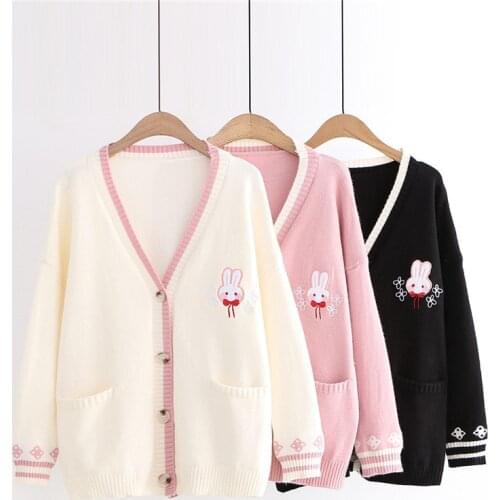Fashion student knit cardigan jacket bunny embroidery sweater coat casual top women sweet V-neck loose sweaters outerwear 3297