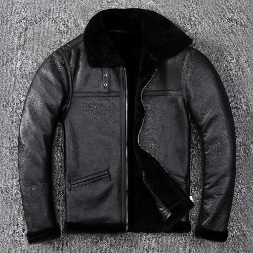 Original Ecological Pure Natural Wool One Mens Genuine Sheepskin Retro Black Jacket Coat Winter Large Size 2XL 3XL 4XL