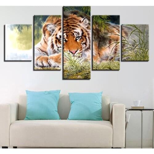 Canvas HD Prints Poster Home Art Framework 5 Pieces Animal Tiger Painting The King Of The Jungle Living Room Decor