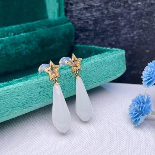 SHILOVEM 18k yellow gold real Natural white Jasper drop earring classic fine Jewelry women wedding gift 8*18mm myme08196661hby