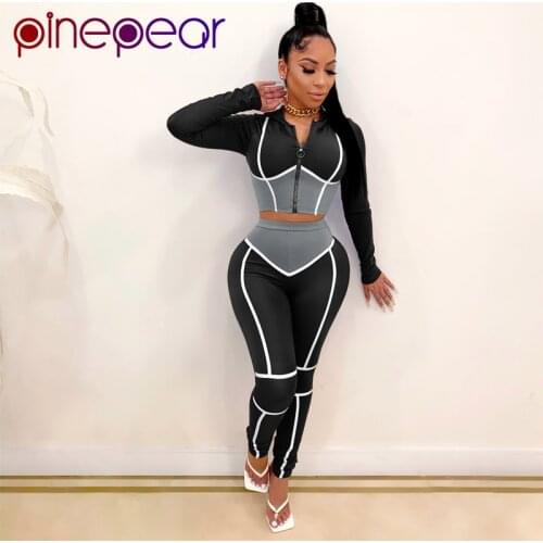 PinePear Sportwear Patchwork Womens Sets Full Sleeve Zipper Top Jogger Pants Suit Tracksuit Sport 2 Piece Outfits Matching Set