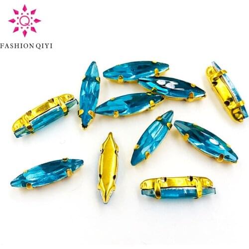 4x15mm Lake blue Horse eye shape 50pcs/pack Glass Crystal Gold bottom sew on claw rhinestones with holes diy Sewing On Garment
