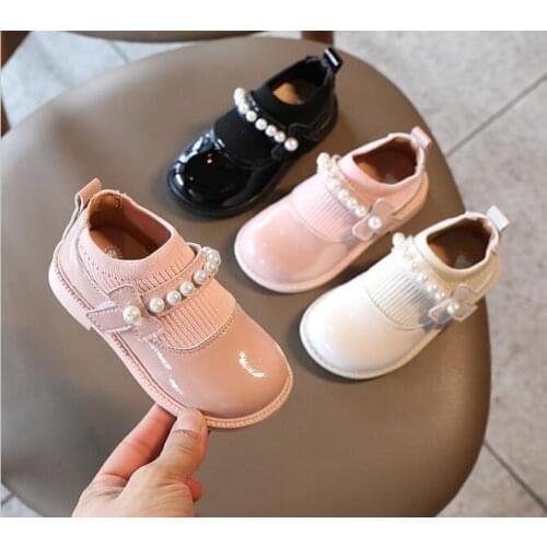 Party pearl bowknot childrens shoes PU leather patchwork elegant childrens shoes soft non-slip girls princess shoes