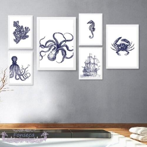 Vintage Blue Theme Posters and Prints Octopus Nautical Boat Octopus Seahorse Canvas Painting Rustic Pictures Wall Art Decor