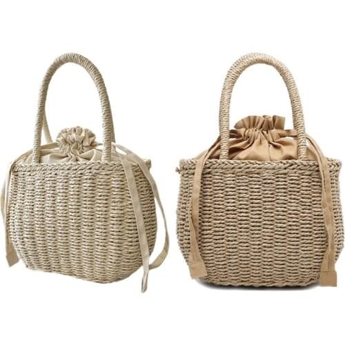 Women Summer Woven Straw Beach Bag Vintage Drawstring Handbag Boho Basket Purse