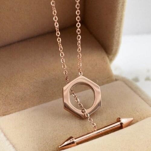 Rose gold color double nail Hexagon pendant necklace women, stainless steel sweater chain colares longos com pingente jewelry