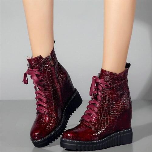 Winter Warm Fashion Sneakers Women Lace Up Genuine Leather Wedges High Heel Ankle Boots Female Round Toe Platform Oxfords Shoes