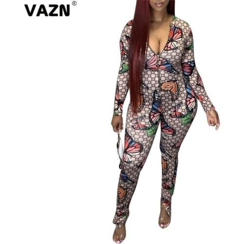 VAZN 2020 Hot Vintage Plus Size High Quality Mature Sexy Daily Soft Free Full Sleeve Women High Waist Skinny Jumpsuits