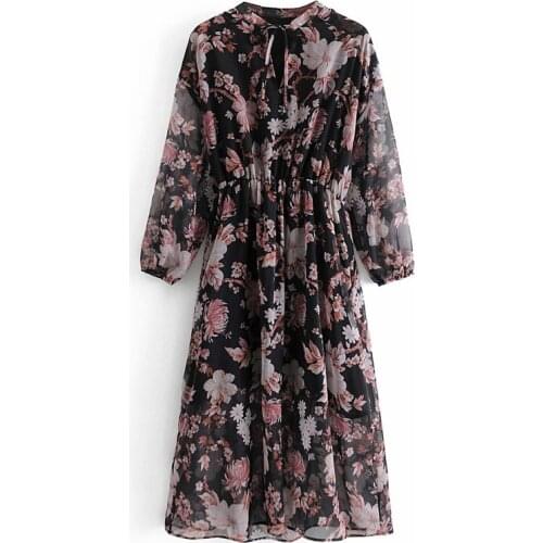 2021 New Spring Autumn Women Dress High Waist Fashion Dress floral Printed Office Lady Dress Loose Elegant Girl O-neck Outfits