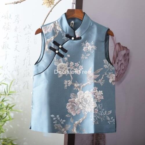2021 women chinese traditional vest retro flower print tang suits china oriental satin ethnic vest national wind vest coat