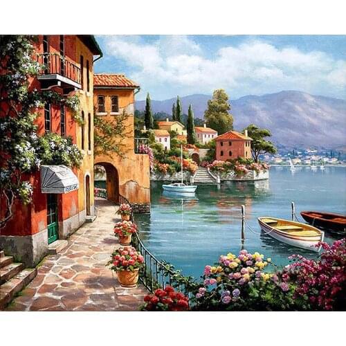 Diy Cross Stitch Diamond Painting Seaside House Mosaic Diamond Embroidery Home Decoration Mosaic Landscape Rhinestone Picture